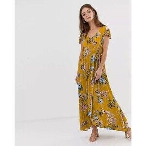 Band of Gypsies Dress Large Mustard Yellow Floral Wrap Maxi Fairy Ruffle Boho